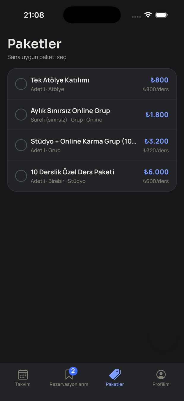 Gym & I uygulaması Paketler ekranı — paket seçimi