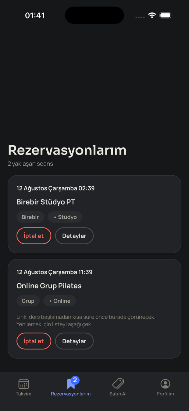 Gym & I uygulaması Rezervasyonlarım ekranı