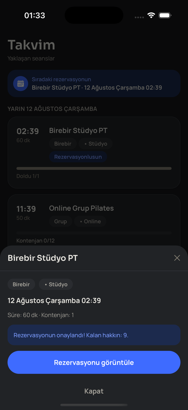 Gym & I uygulaması Takvim ekranı — seans rezervasyonu